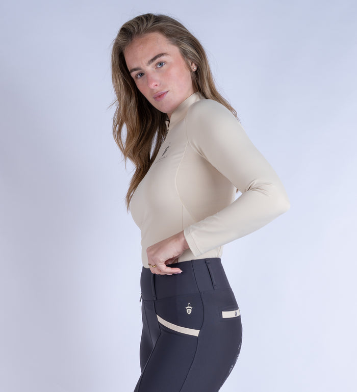 Blackfort Equestrian women's long sleeve sand cool mesh base layer silver zip and detailing