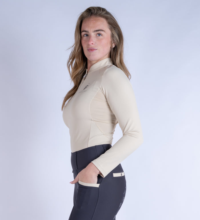 Blackfort Equestrian women's long sleeve sand cool mesh base layer silver zip and detailing