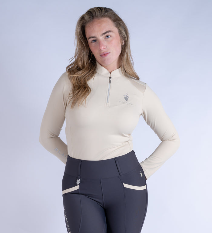 Blackfort Equestrian women's long sleeve sand cool mesh base layer silver zip and detailing
