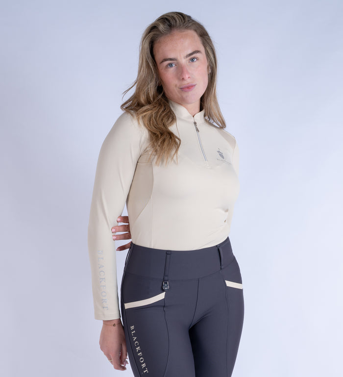 Blackfort Equestrian women's long sleeve sand cool mesh base layer silver zip and detailing