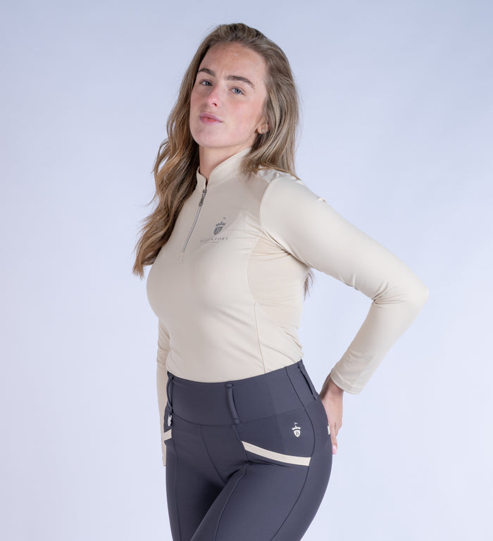 Blackfort Equestrian women's long sleeve sand cool mesh base layer silver zip and detailing