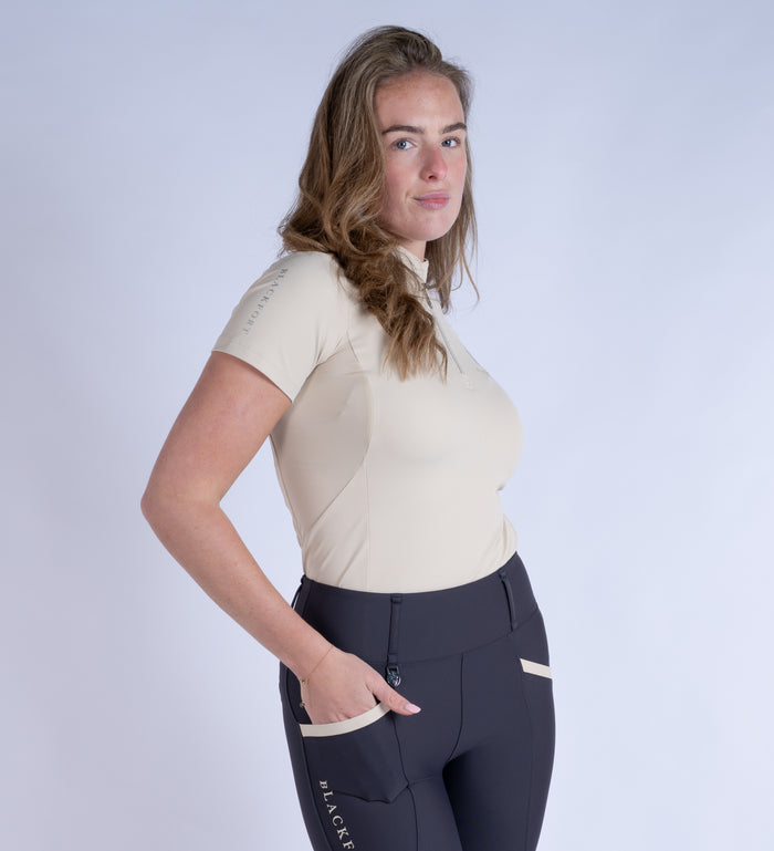 Blackfort Equestrian women's short sleeve sand cool mesh base layer silver zip and detailing