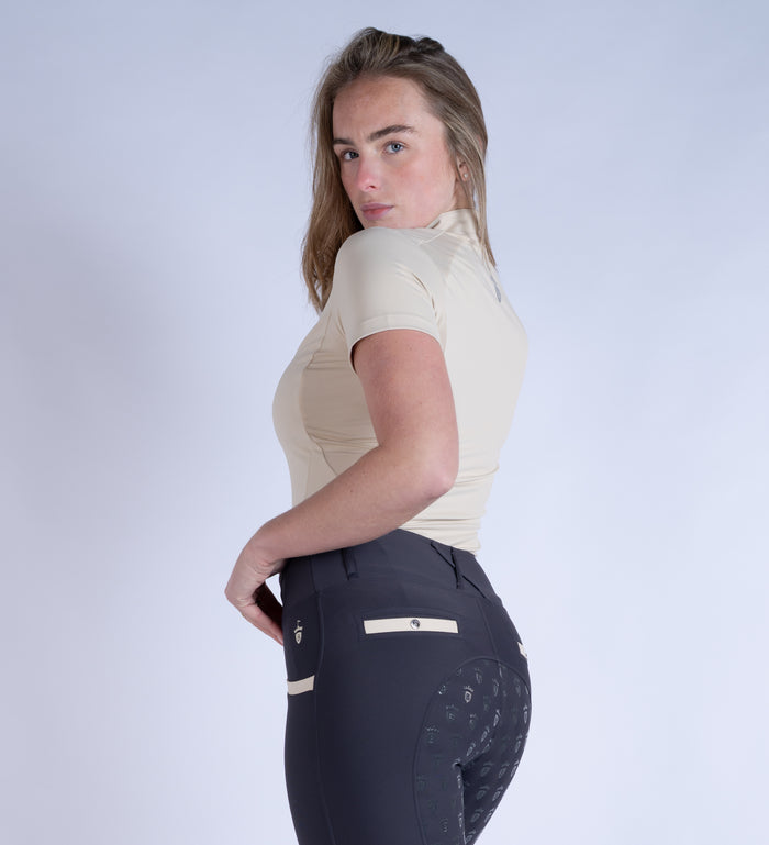 Blackfort Equestrian women's short sleeve sand cool mesh base layer silver zip and detailing