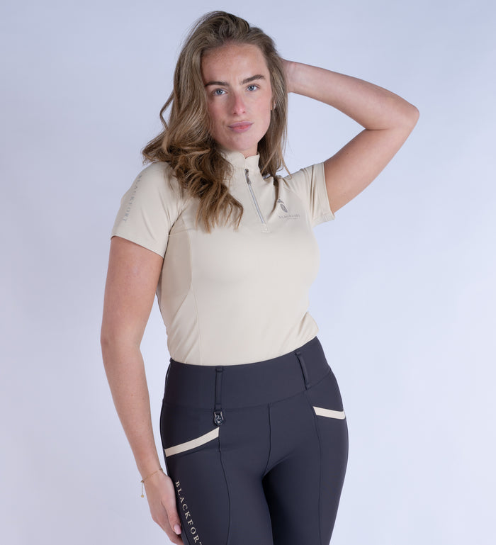 Blackfort Equestrian women's short sleeve sand cool mesh base layer silver zip and detailing