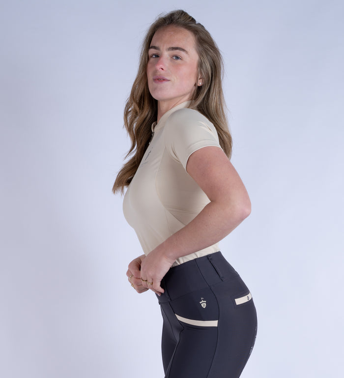 Blackfort Equestrian women's short sleeve sand cool mesh base layer silver zip and detailing