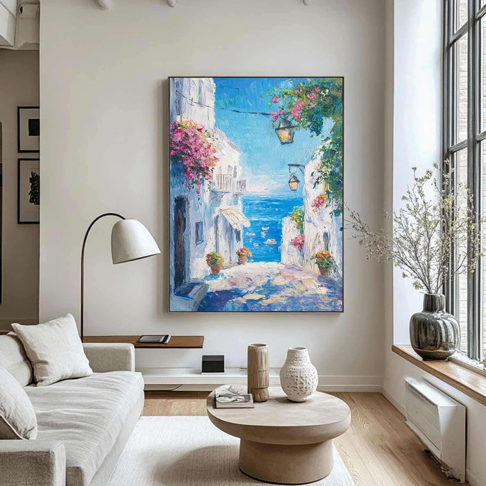 Mediterranean Alleyway Canvas - Seascape & Floral Art in Bright Colors - Seaside Way - Hues Art Lab