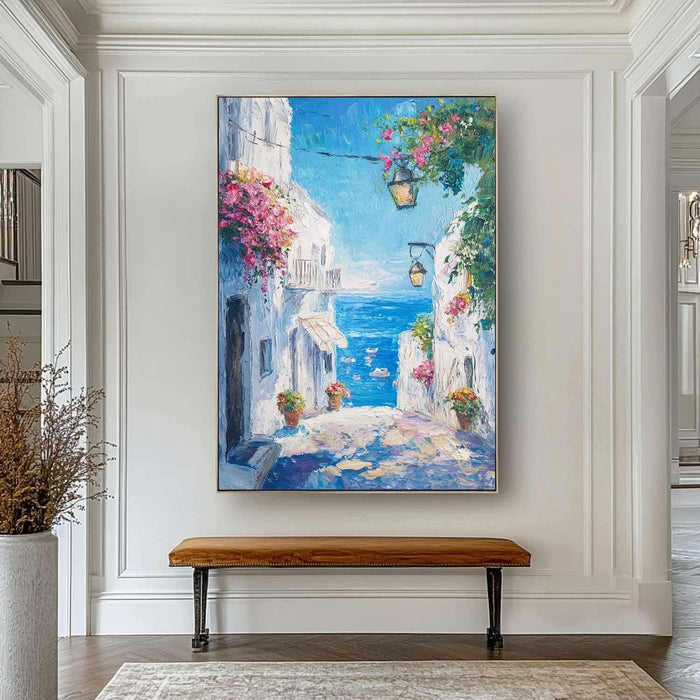 Mediterranean Alleyway Canvas - Seascape & Floral Art in Bright Colors - Seaside Way - Hues Art Lab