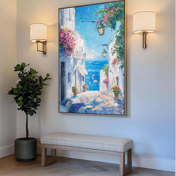 Mediterranean Alleyway Canvas - Seascape & Floral Art in Bright Colors - Seaside Way - Hues Art Lab