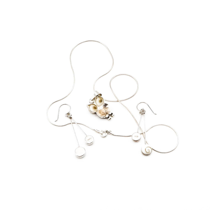 Shiva Eye Shell Owl Necklace And Earrings Set in Sterling Silver