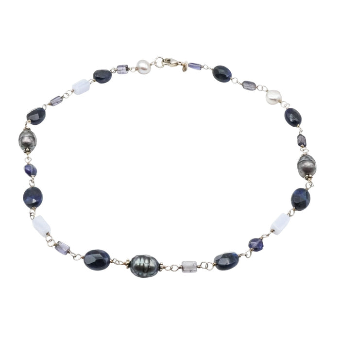 Silpada Sterling Silver Sodalite, Blue Lace Chalcedony and Pearl Necklace 16 Inches