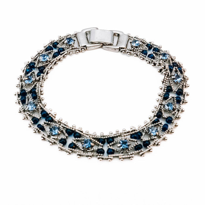 Silver Plated Blue Rhinestone Beaded Link Bracelet - 7.3 Inches