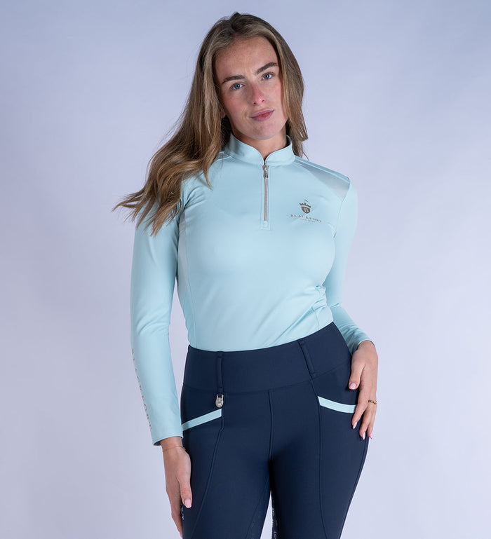 Blackfort Equestrian women's long sleeve sky blue cool mesh base layer rose gold zip and detailing