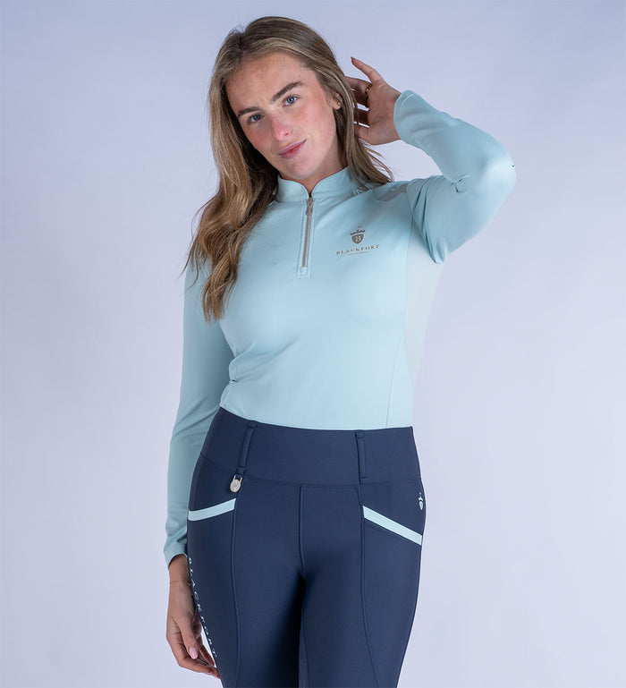 Blackfort Equestrian women's long sleeve sky blue cool mesh base layer rose gold zip and detailing