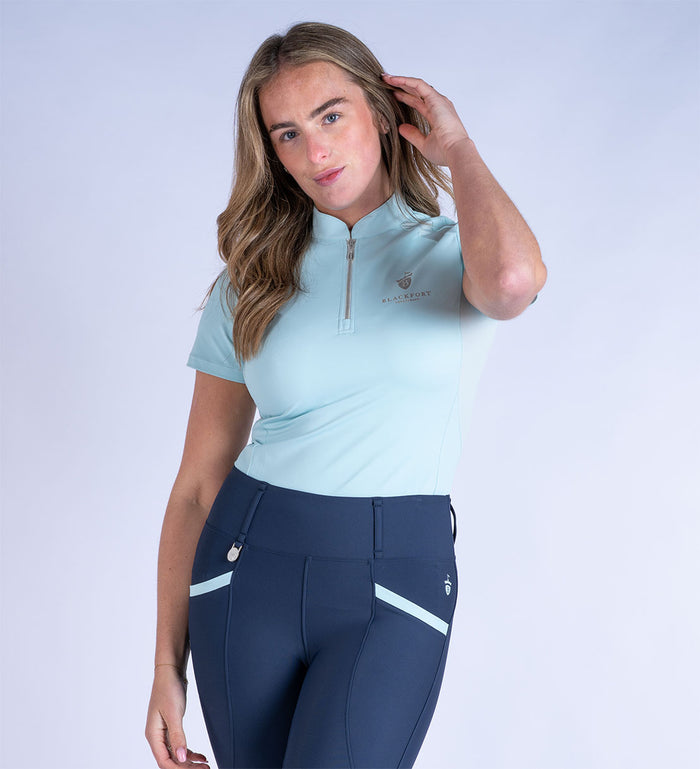 Blackfort Equestrian women's short sleeve sky blue cool mesh base layer rose gold zip and detailing