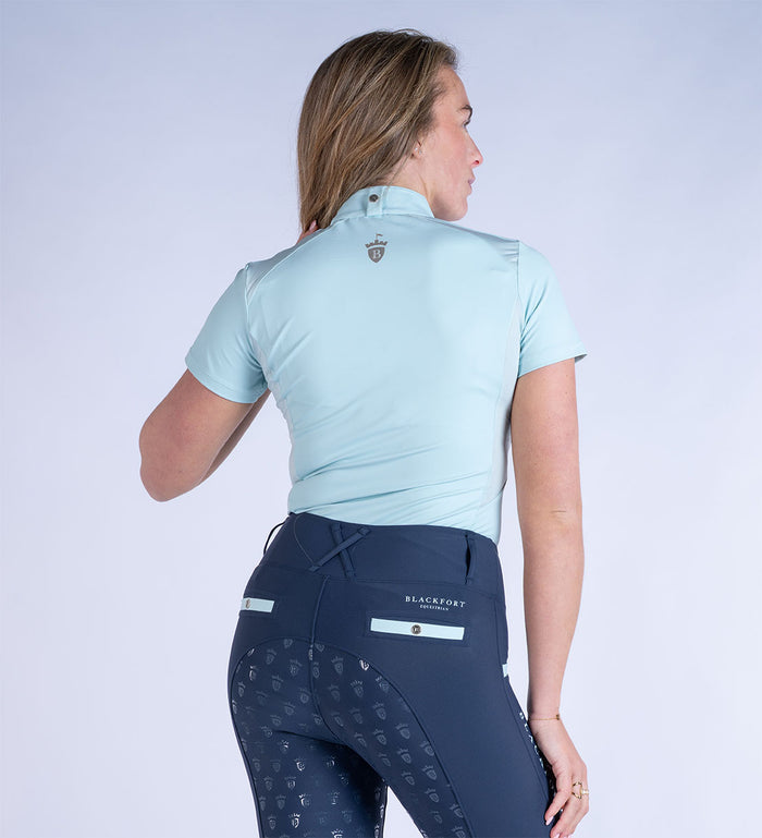 Blackfort Equestrian women's short sleeve sky blue cool mesh base layer rose gold zip and detailing