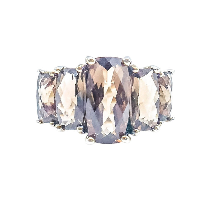 Smoky Quartz Five Stone Statement Ring Fine Silver Size 7