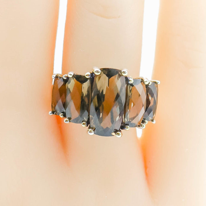 Smoky Quartz Five Stone Statement Ring Fine Silver Size 7