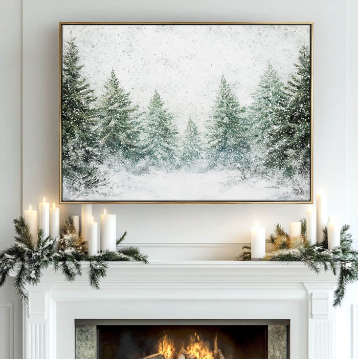 Large Green and White Wall Art - Snow Covered Pine Trees - Hues Art Lab