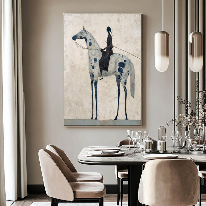 Solitary Rider framed canvas print styled in a calm contemporary room