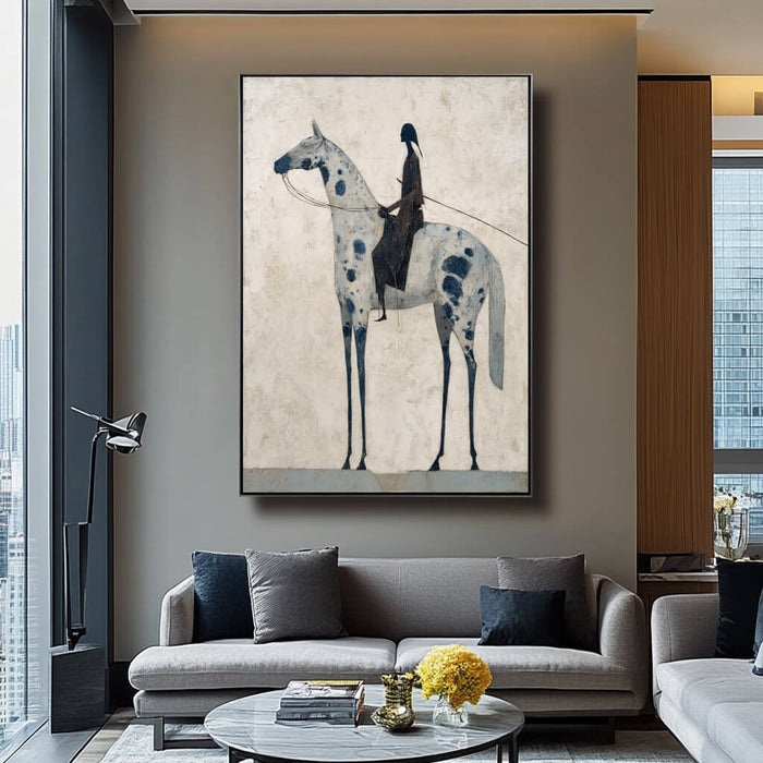 Solitary Rider minimalist equestrian oil painting with soft neutral tones