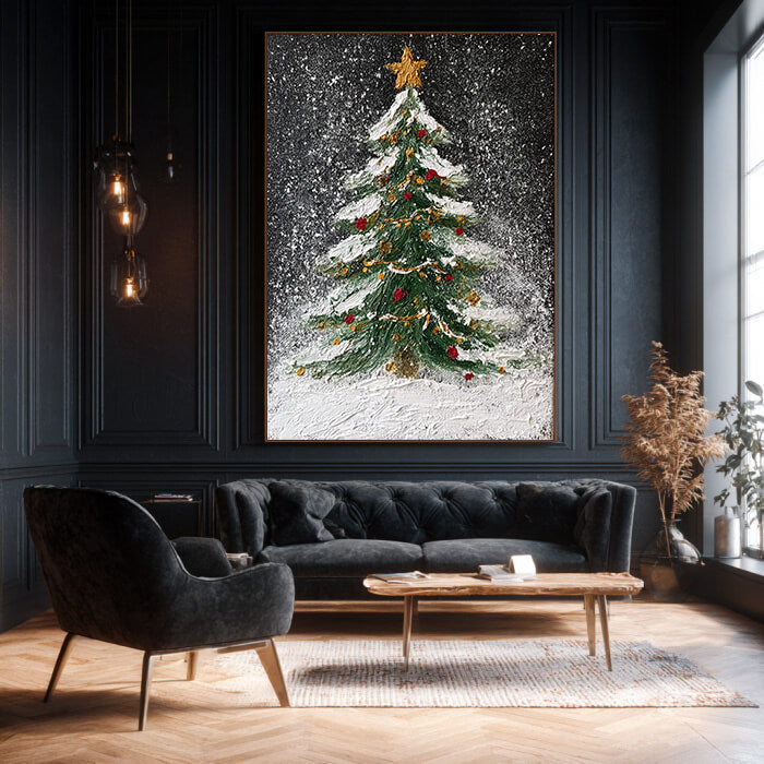 Starry Night Tree I textured painting with winter night sparkle