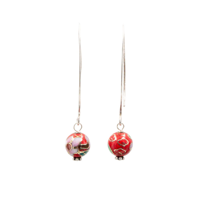 Sterling Silver 2 Inch Red Cloisonné Flower Dangle Earrings