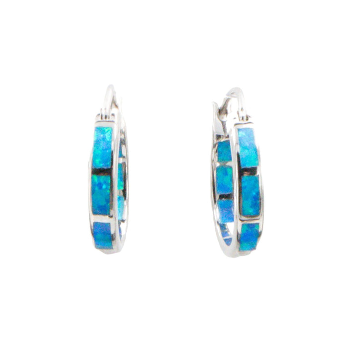 Sterling Silver 3/4 Inch Lab Created Blue Opal In and Out Hoop Earrings