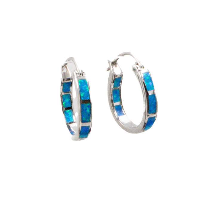 Sterling Silver 3/4 Inch Lab Created Blue Opal In and Out Hoop Earrings