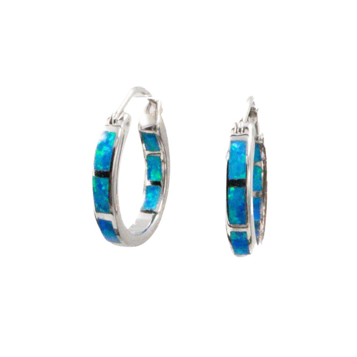 Sterling Silver 3/4 Inch Lab Created Blue Opal In and Out Hoop Earrings