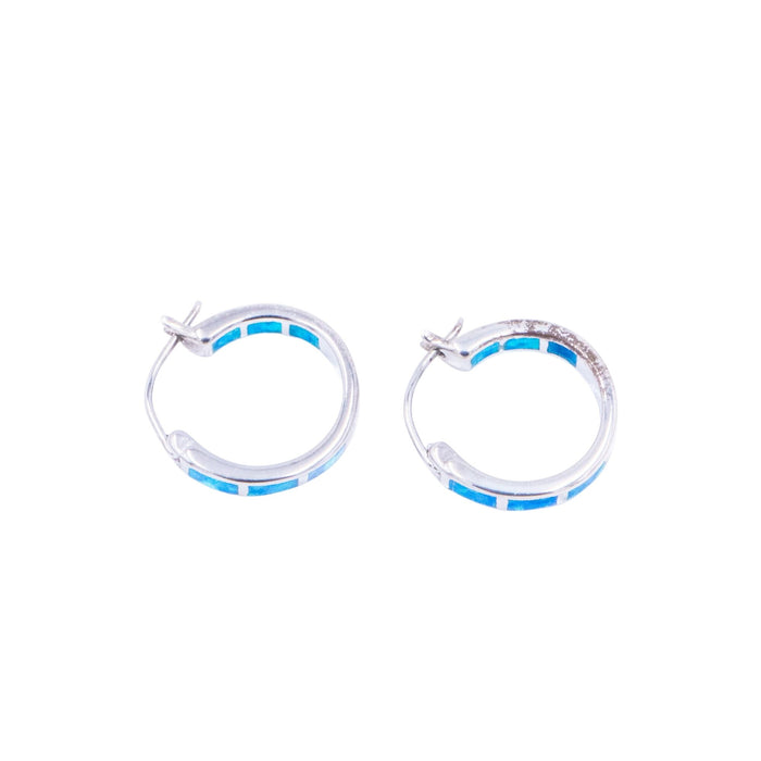 Sterling Silver 3/4 Inch Lab Created Blue Opal In and Out Hoop Earrings