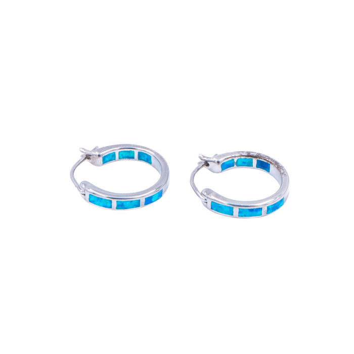 Sterling Silver 3/4 Inch Lab Created Blue Opal In and Out Hoop Earrings