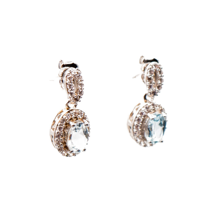 Sterling Silver 5/8 Inch Blue Topaz & Diamond Halo Drop Earrings