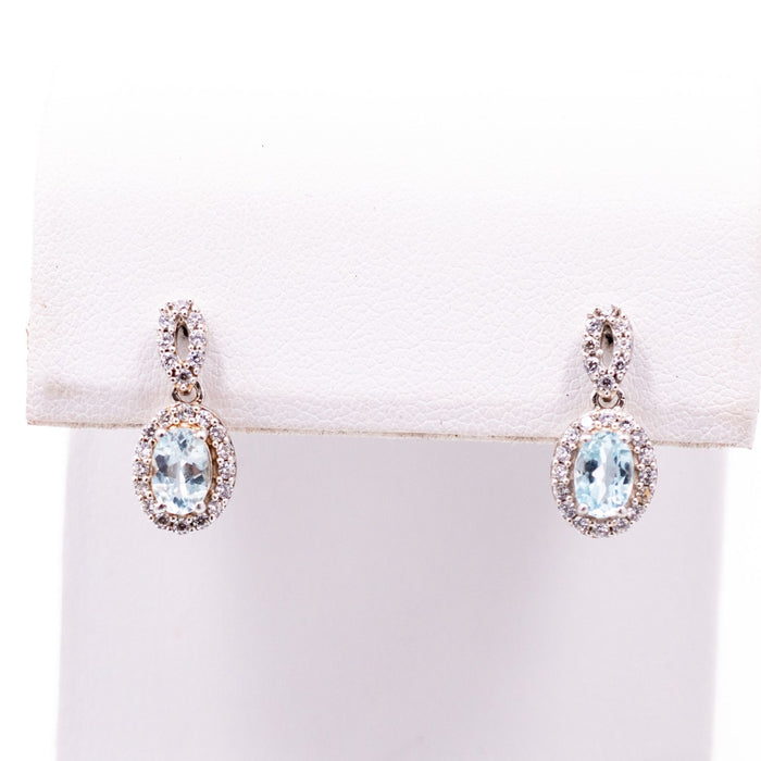 Sterling Silver 5/8 Inch Blue Topaz & Diamond Halo Drop Earrings