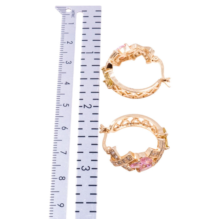 Sterling Silver 7/8 Inch CZ Hoop Earrings Pink Green Clear Cubic Zirconia