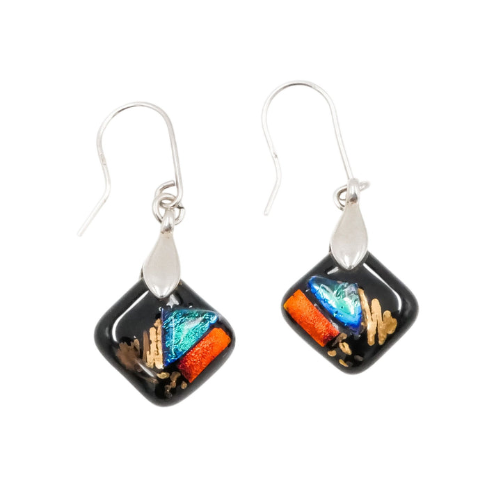 Sterling Silver Art Glass Dangle Earrings Black Multicolor 1.5 Inch Drop