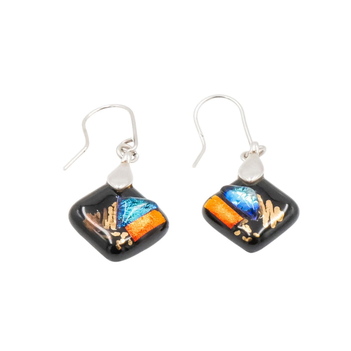 Sterling Silver Art Glass Dangle Earrings Black Multicolor 1.5 Inch Drop