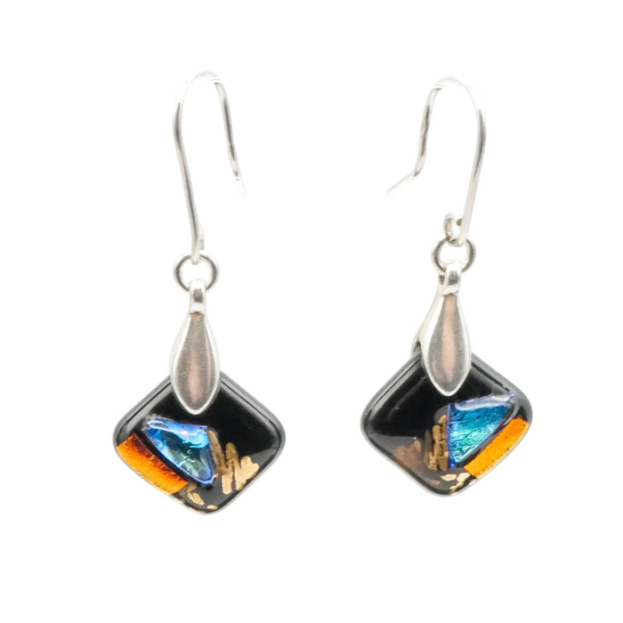 Sterling Silver Art Glass Dangle Earrings Black Multicolor 1.5 Inch Drop