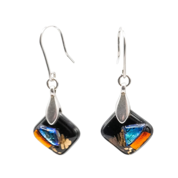 Sterling Silver Art Glass Dangle Earrings Black Multicolor 1.5 Inch Drop