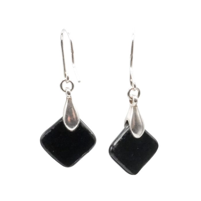 Sterling Silver Art Glass Dangle Earrings Black Multicolor 1.5 Inch Drop