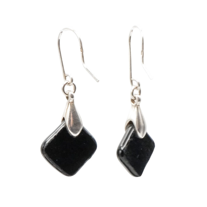 Sterling Silver Art Glass Dangle Earrings Black Multicolor 1.5 Inch Drop