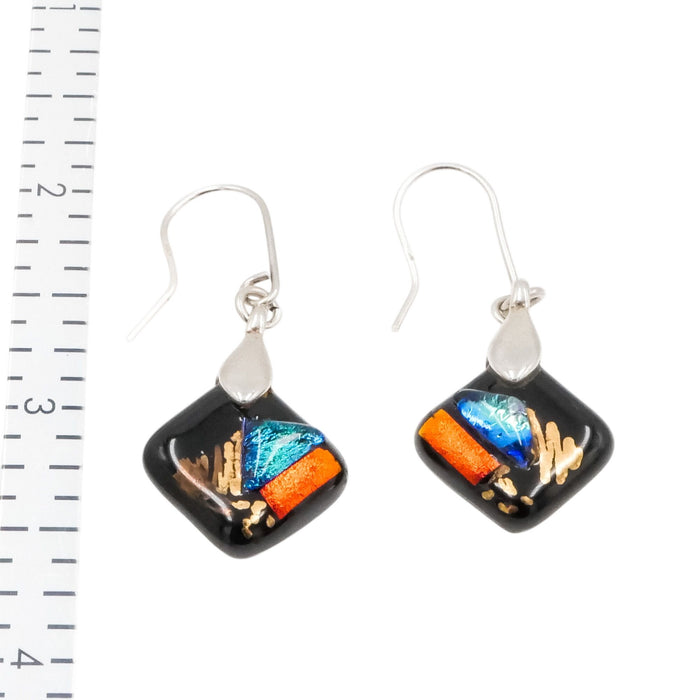 Sterling Silver Art Glass Dangle Earrings Black Multicolor 1.5 Inch Drop