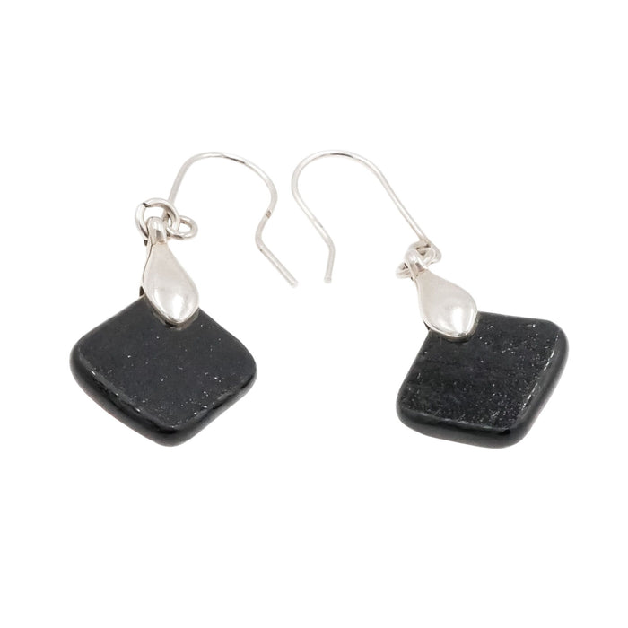 Sterling Silver Art Glass Dangle Earrings Black Multicolor 1.5 Inch Drop