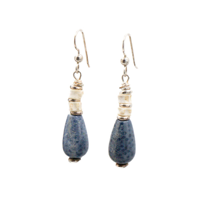 Sterling Silver Blue Coral Seashell Dangle Earrings 2 Inch Coastal