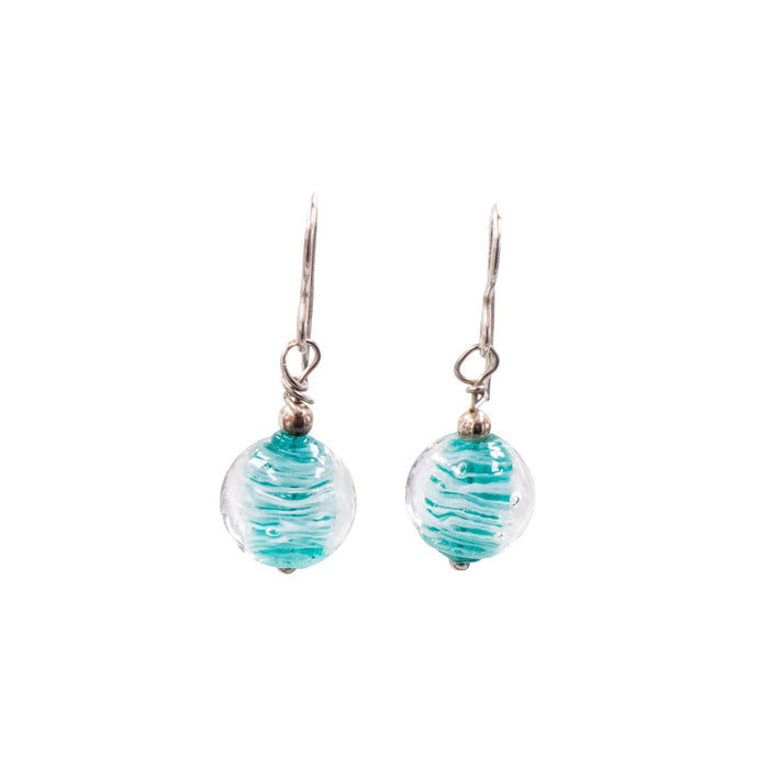 Sterling Silver Blue Murano Glass Dangle Earrings 1.25 Inch Round Art Glass Drops