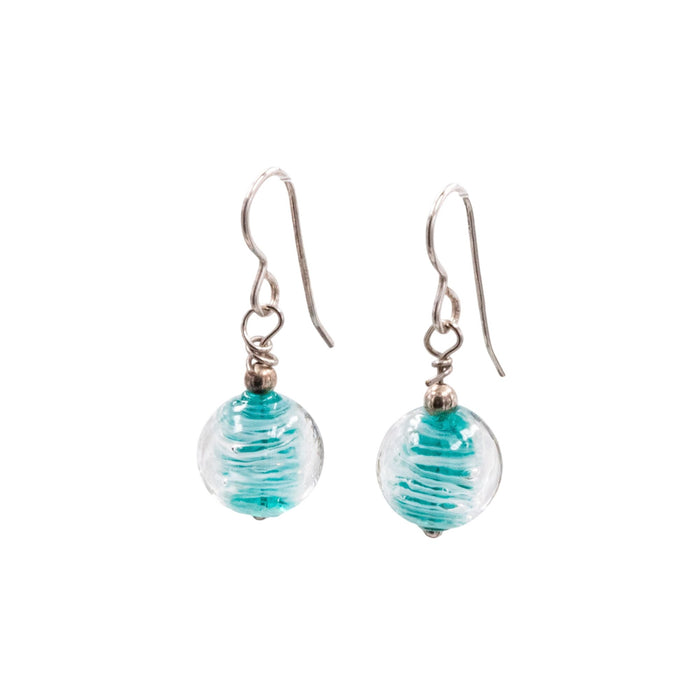 Sterling Silver Blue Murano Glass Dangle Earrings 1.25 Inch Round Art Glass Drops
