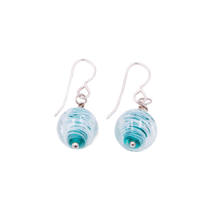 Sterling Silver Blue Murano Glass Dangle Earrings 1.25 Inch Round Art Glass Drops