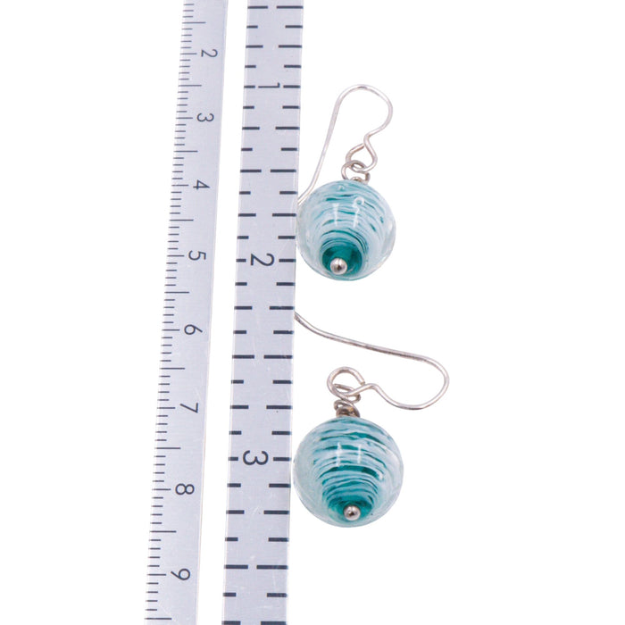 Sterling Silver Blue Murano Glass Dangle Earrings 1.25 Inch Round Art Glass Drops