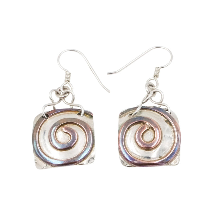 Sterling Silver Brass Spiral Square Dangle Earrings Artisan Mixed Metal 1.5 Inch