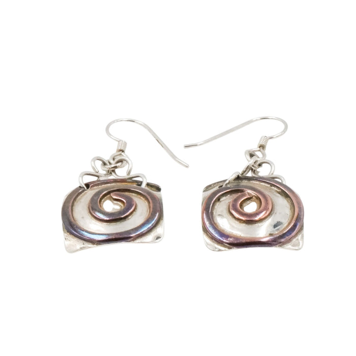 Sterling Silver Brass Spiral Square Dangle Earrings Artisan Mixed Metal 1.5 Inch