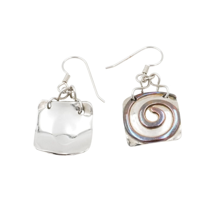 Sterling Silver Brass Spiral Square Dangle Earrings Artisan Mixed Metal 1.5 Inch